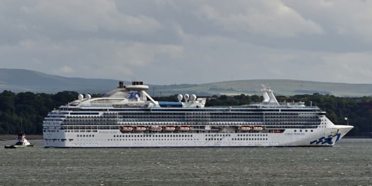 The Coral Princess, a Princess Cruises ship, sitting off the coast of South Queensferry in Dalgety Bay, Scotland, on June 28, 2024.