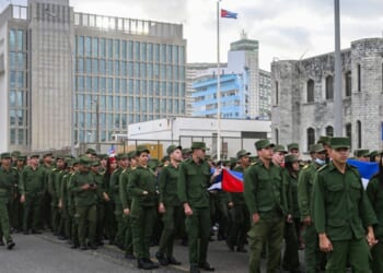 Students from military schools take part in an "Anti-Imperialist" protest in front of the U.S. Embassy against the U.S. incursion in Venezuela, where 32 Cuban soldiers lost their lives, in Havana on Jan. 16, 2026.