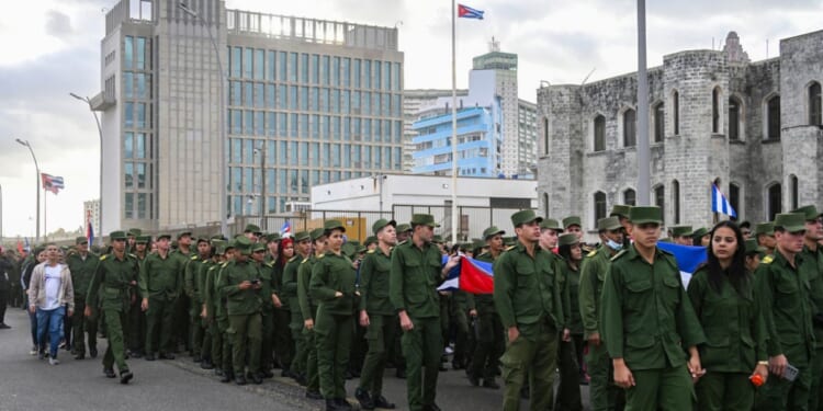 Students from military schools take part in an "Anti-Imperialist" protest in front of the U.S. Embassy against the U.S. incursion in Venezuela, where 32 Cuban soldiers lost their lives, in Havana on Jan. 16, 2026.