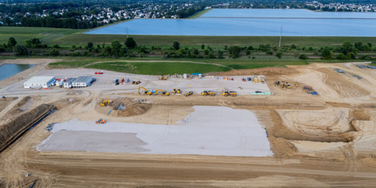 Construction vehicles are seen at the site for a data site in Lewis Center, Ohio.