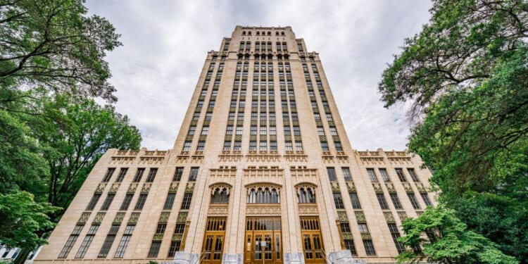 A low-angle view of Atlanta City Hall in Fulton County, Georgia.