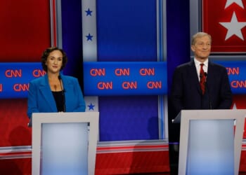 Former U.S. Rep. Katie Porter and businessman Tom Steyer look on during a CNN California Governor Primary Debate at East Los Angeles College on May 5, 2026, in Monterey Park, California.