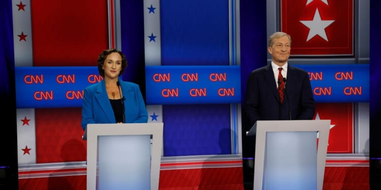 Former U.S. Rep. Katie Porter and businessman Tom Steyer look on during a CNN California Governor Primary Debate at East Los Angeles College on May 5, 2026, in Monterey Park, California.
