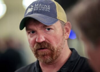 Graham Platner of Maine, who is the Democratic candidate for U.S. Senate, speaks Sunday during a campaign event at the Veterans of Foreign Wars Post 6859 in Portland, Maine.