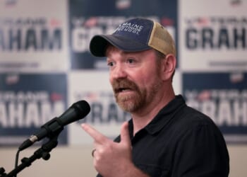 Maine Senate candidate Graham Platner speaks during a campaign event at the Veterans of Foreign Wars Post 6859 on May 17, 2026, in Portland, Maine.