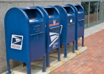 Mailboxes are placed outside the post office in Providence, Rhode Island.