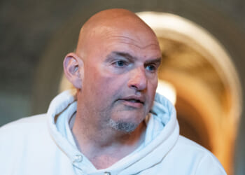 Close-up of John Fetterman in a white hoodie.