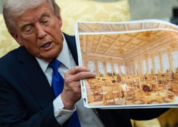 President Trump displays artists’ renderings of the new East Wing ballroom on October 22, 2025.