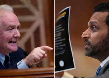 Sen. Chris Van Hollen, left, a Maryland Democrat, clashed with FBI Director Kash Patel Tuesday.