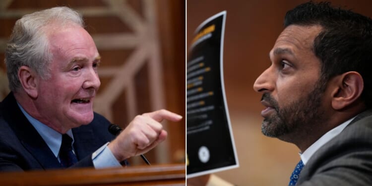 Sen. Chris Van Hollen, left, a Maryland Democrat, clashed with FBI Director Kash Patel Tuesday.