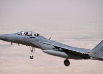 A Saudi fighter jet escorts Air Force One into Riyadh on May 13, 2025.