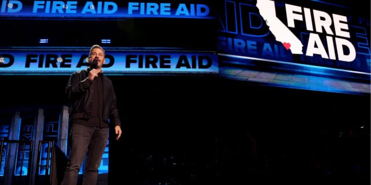 Jimmy Kimmel speaks onstage Jan. 30, 2025, during the FIREAID Benefit Concert for California Fire Relief at Intuit Dome in Inglewood, California.