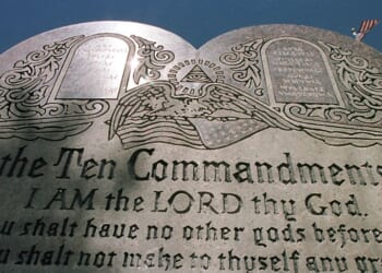 A 42-year-old Ten Commandments sculpture is on display in front of city hall June 27, 2001, in Grand Junction, Colorado.