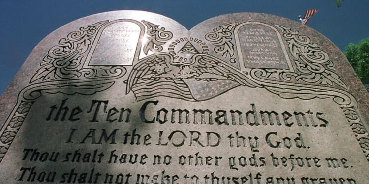 A 42-year-old Ten Commandments sculpture is on display in front of city hall June 27, 2001, in Grand Junction, Colorado.
