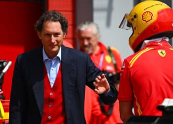 John Elkann, chairman of Stellantis and Ferrari and CEO of Exor, looks on in the pit lane during the World Endurance Championship 6 Hours of Imola at Autodromo Enzo e Dino Ferrari on April 16, 2026, in Imola, Italy.
