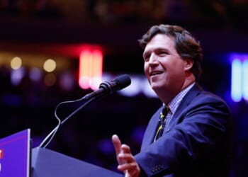 Tucker Carlson speaks before President Donald Trump takes the stage at the campaign rally at Madison Square Garden on Oct. 27, 2024, in New York City.
