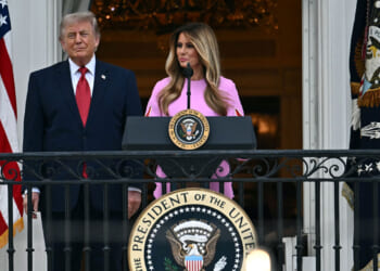 US First Lady Melania Trump, accompanied by President Donald Trump, speaks during the Congressional Picnic on the South Lawn of the White House on May 19, 2026.