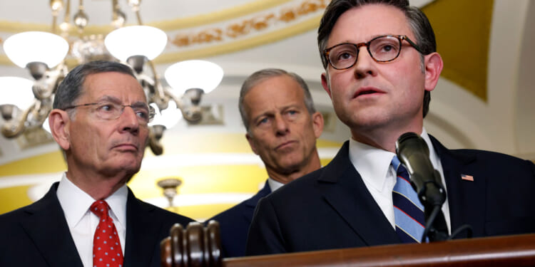 John Barrasso, John Thune, and Mike Johnson speak to reporters in the Capitol.