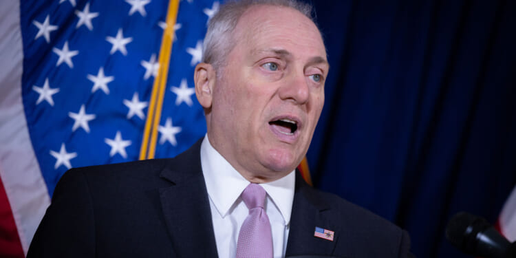 House Majority Leader Steve Scalise (R-LA) speaks at the Republican National Committee headquarters in Washington, DC on May 13, 2026.