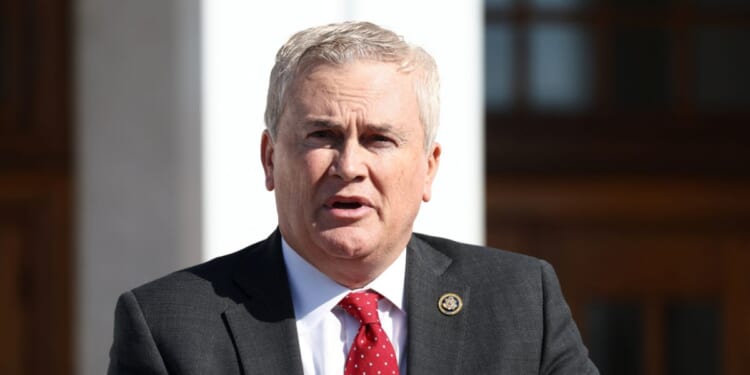 House Oversight Committee Chair James Comer speaks to the press during a deposition with former President Bill Clinton as part of the committee's investigation into convicted sex offender Jeffrey Epstein, in Chappaqua, New York, on Feb. 27, 2026.