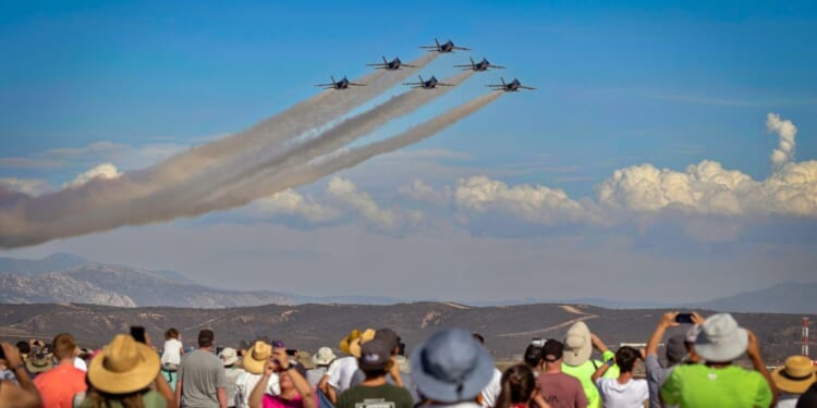 The U.S. Navy Blue Angels perform at the 2022 Miramar Airshow in San Diego, California.