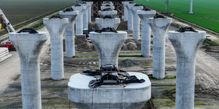 The unfinished high speed rail concrete columns stand in a vast green field.