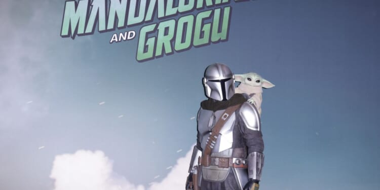 A display of the Mandalorian and Grogu from Star Wars is seen during the "Star Wars: The Mandalorian And Grogu" premiere red carpet at The Club Milano on May 19, 2026, in Milan, Italy.