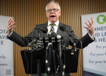 Tim Walz speaks during a press conference focused on Minnesota’s new paid family leave policy.