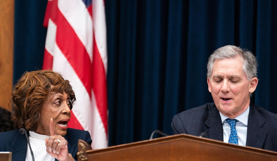 House Financial Services Committee Ranking Member Maxine Waters D-Calif., speaks with Chairman French Hill, R-Ark., during a hearing featuring Secretary of the Treasury Scott Bessent on Capitol Hill in Washington, Wednesday, Feb. 4, 2026. (AP Photo/Nathan Howard) ** FILE **