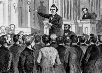 The Last Speech on Impeachment, Thaddeus Stevens Closing the Debate in the House, March 2, Sketched by T.R. Davis, Harper's Weekly, March 21, 1868. (Photo by: Glasshouse Vintage/Universal History Archive/Universal Images Group via Getty Images)