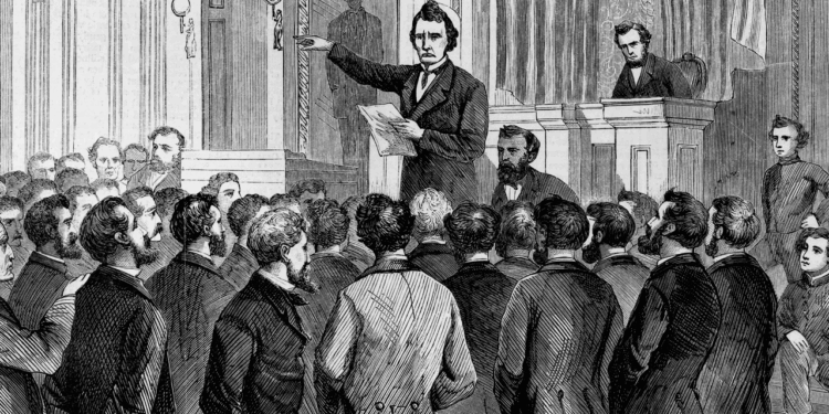 The Last Speech on Impeachment, Thaddeus Stevens Closing the Debate in the House, March 2, Sketched by T.R. Davis, Harper's Weekly, March 21, 1868. (Photo by: Glasshouse Vintage/Universal History Archive/Universal Images Group via Getty Images)