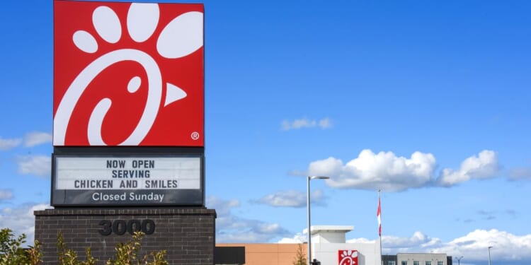 A Chick-fil-A restaurant with a drive thru at the Ottawa Tanger Outlets shopping complex in Kanata, a suburb of Ottawa, Canada.