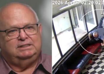 Pauls Valley High School Principal Kirk Moore is seen at left in an interview with CBS News and at right in a school surveillance video as he strugglies with a young man identified as Victor Hawkins, 20, a former student who allegedly carried a firearm onto the campus April 7 in Pauls Valley, Oklahoma.
