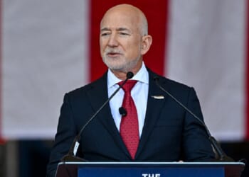 Jeff Bezos, founder of Amazon and CEO of the aerospace manufacturer Blue Origin, is pictured in a February file photo from Cape Canaveral, Florida.