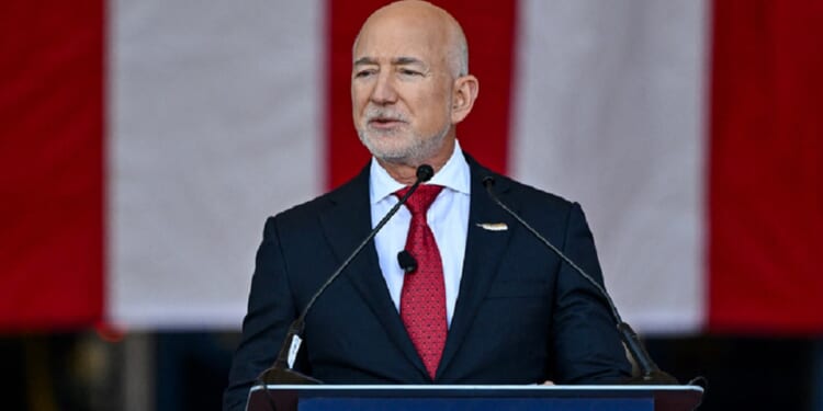 Jeff Bezos, founder of Amazon and CEO of the aerospace manufacturer Blue Origin, is pictured in a February file photo from Cape Canaveral, Florida.