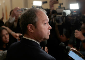 Indiana Rep. Marlin Stutzman (R) speaks to reporters outside of a hearing room on Capitol Hill on May 16, 2025.