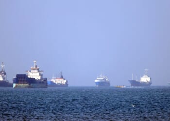 In this picture obtained from Iran's ISNA news agency on May 4, 2026, vessels are pictured anchored in the Strait of Hormuz off Bandar Abbas in southern Iran.