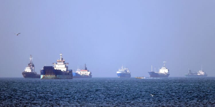 In this picture obtained from Iran's ISNA news agency on May 4, 2026, vessels are pictured anchored in the Strait of Hormuz off Bandar Abbas in southern Iran.
