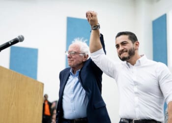 Sen. Bernie Sanders is introduced by Senate candidate Abdul El-Sayed at Mumford High School on May 3, 2026, in Detroit, Michigan.