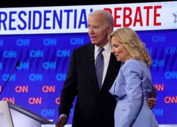 President Joe Biden embraces First Lady Jill Biden following the CNN Presidential Debate at the CNN Studios on June 27, 2024, in Atlanta, Georgia.