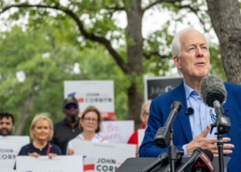 Sen. John Cornyn speaks during a news conference after casting his vote during early voting in the primary runoff at the Circle C Community Center on May 18, 2026, in Austin, Texas.