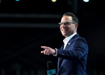 Gov. Josh Shapiro points prior to Round One of the 2026 NFL Draft at Acrisure Stadium on April 23, 2026, in Pittsburgh, Pennsylvania.