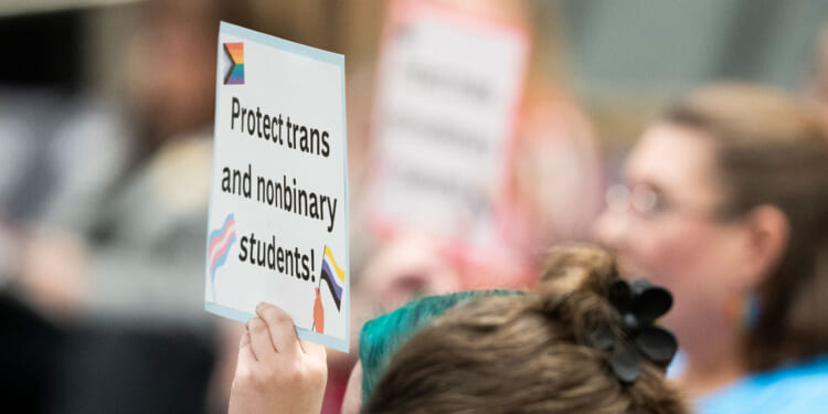 A person holds a sign reading, "Protect trans and nonbinary students!"