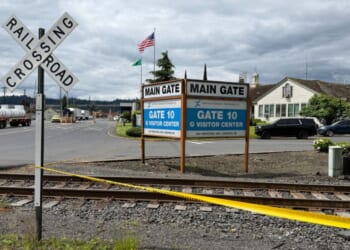 The exterior of the Nippon Dynawave Packaging Co. is shown, after a tank containing hazardous liquid imploded Tuesday in Longview, Washington.