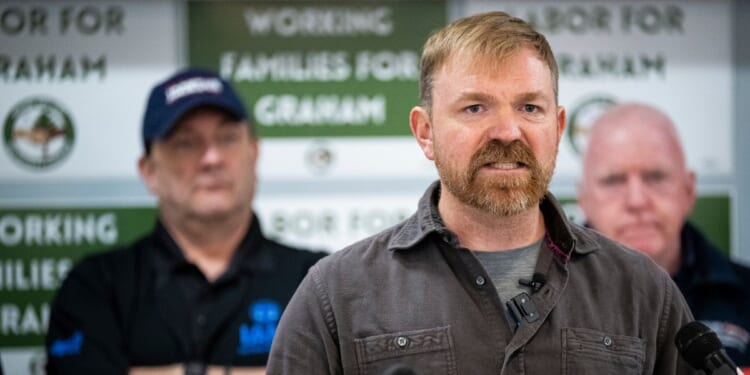 Senate candidate Graham Platner speaks during a campaign event with the Maine AFL-CIO, on May 1, 2026, in Portland, Maine.