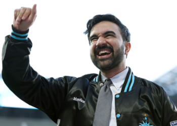 New York City Mayor Zohran Mamdani waves to fans at half time during the NWSL match between NJ/NY Gotham FC and Boston Legacy FC at Sports Illustrated Stadium on May 09, 2026 in Harrison, New Jersey. (Photo by Jordan Bank/NWSL via Getty Images)