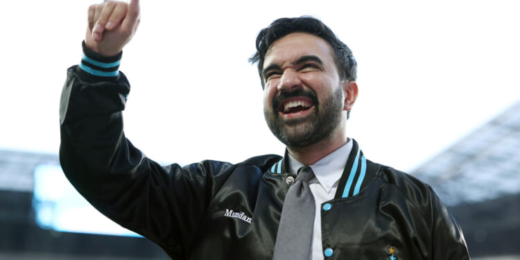 New York City Mayor Zohran Mamdani waves to fans at half time during the NWSL match between NJ/NY Gotham FC and Boston Legacy FC at Sports Illustrated Stadium on May 09, 2026 in Harrison, New Jersey. (Photo by Jordan Bank/NWSL via Getty Images)