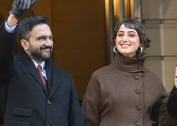New York Mayor Zohran Mamdani and his wife Rama Duwaji after his ceremonial inauguration as mayor at City Hall Thursday January 1, 2026 in New York, NY. Mamdani has added a "block party" to the official inauguration events to allow thousands of New Yorkers to take part. Mamdani was officially sworn in at midnight by New York Attorney General Letitia James at the Old City Hall subway station in a private ceremony. (Photo by David Dee Delgado/Getty Images)