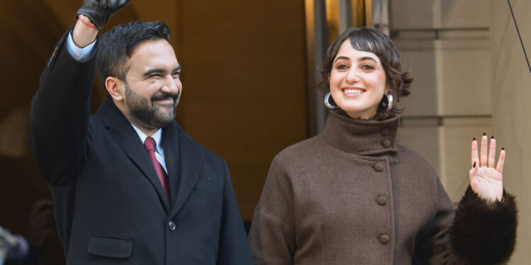 New York Mayor Zohran Mamdani and his wife Rama Duwaji after his ceremonial inauguration as mayor at City Hall Thursday January 1, 2026 in New York, NY. Mamdani has added a "block party" to the official inauguration events to allow thousands of New Yorkers to take part. Mamdani was officially sworn in at midnight by New York Attorney General Letitia James at the Old City Hall subway station in a private ceremony. (Photo by David Dee Delgado/Getty Images)