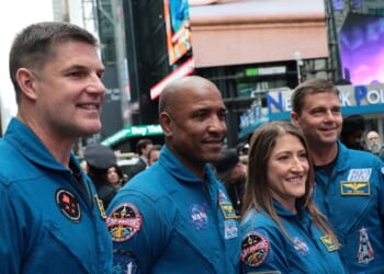 The Artemis II astronauts, mission specialist Jeremy Hansen of the Canadian Space Agency, pilot Victor Glover, mission specialist Christina Koch, and commander Reid Wiseman pose for photos outside of the Nasdaq Marketside on April 30 in New York City.